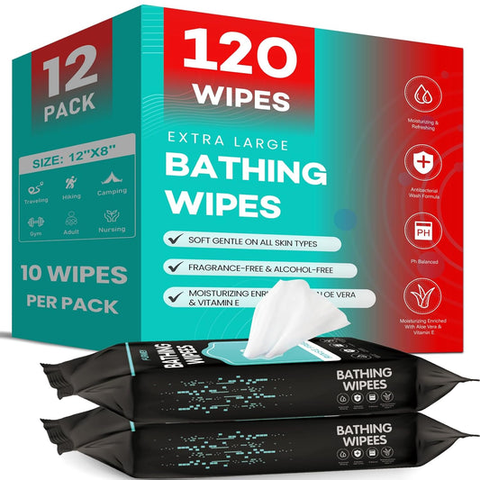 Body Wipes 120Wipes (10 Wipes, 12 Packs) 12x8 inch Shower Wipes Body Wipes for Adult Care,Traveling,Hiking,Camping,Gym Bath Wipes Disposable Cloth Wet Cleansing No Rinse Bathing Washcloths