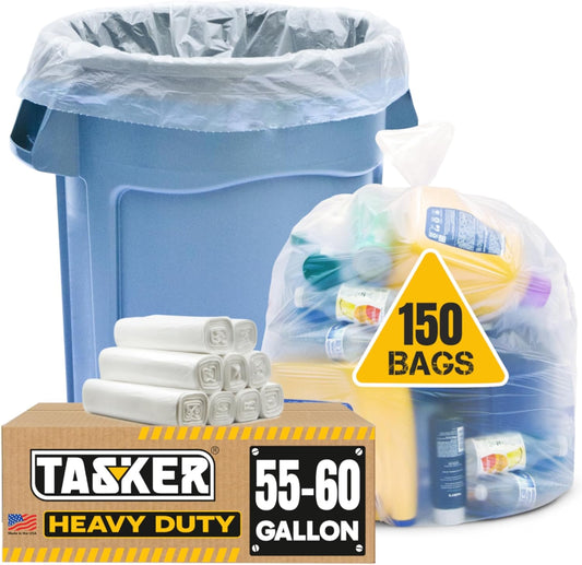 55-60 Gallon Trash Bags, 150 Bags Large Clear Garbage Bags, Bulk Trash Can Liners Perfect for Office, Waste, and Storage Use, Recycling, Yard Waste, and Leaf Collection, Rollaway Bin Liners Visit the Tasker Store